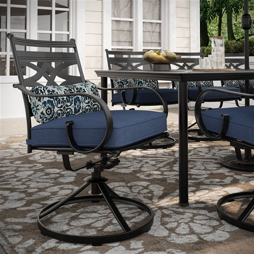 Hanover - Montclair 9pc: 8 Swivel Rockers, 42"x84" Dining Table, Umbrella, Base - Navy/Brown-United Backyard