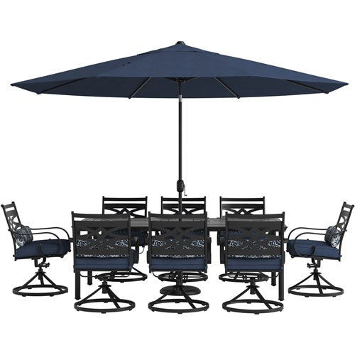 Hanover - Montclair 9pc: 8 Swivel Rockers, 42"x84" Dining Table, Umbrella, Base - Navy/Brown-United Backyard