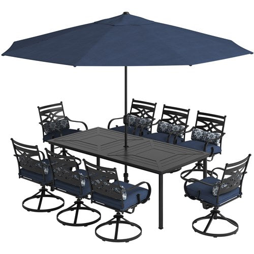 Hanover - Montclair 9pc: 8 Swivel Rockers, 42"x84" Dining Table, Umbrella, Base - Navy/Brown-United Backyard