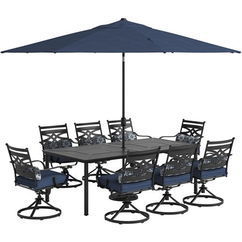 Hanover - Montclair 9pc: 8 Swivel Rockers, 42"x84" Dining Table, Umbrella, Base - Navy/Brown-United Backyard