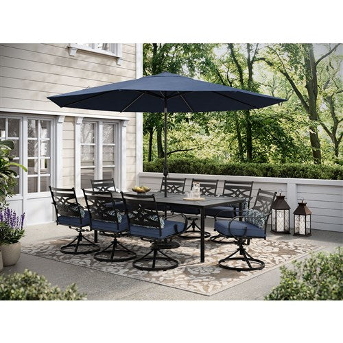 Hanover - Montclair 9pc: 8 Swivel Rockers, 42"x84" Dining Table, Umbrella, Base - Navy/Brown-United Backyard