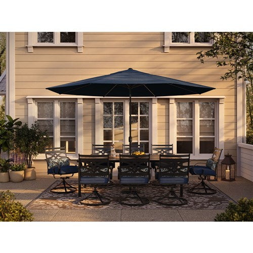 Hanover - Montclair 9pc: 8 Swivel Rockers, 42"x84" Dining Table, Umbrella, Base - Navy/Brown-United Backyard