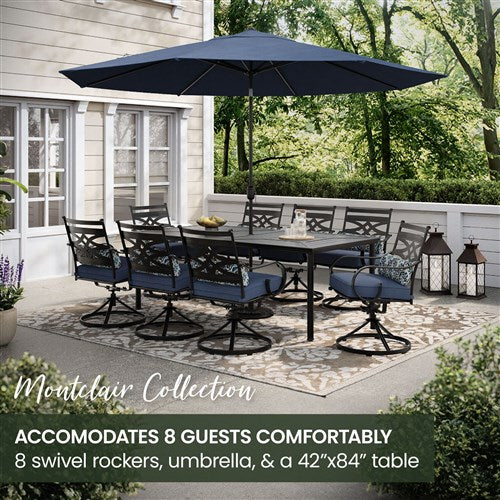 Hanover - Montclair 9pc: 8 Swivel Rockers, 42"x84" Dining Table, Umbrella, Base - Navy/Brown-United Backyard