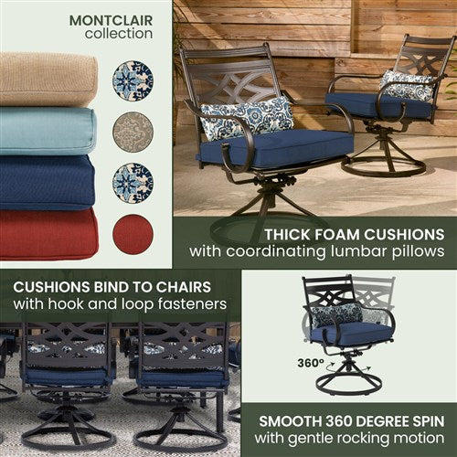 Hanover - Montclair 9pc: 8 Swivel Rockers, 42"x84" Dining Table, Umbrella, Base - Navy/Brown-United Backyard