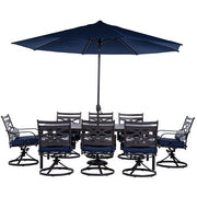 Hanover - Montclair 9pc: 8 Swivel Rockers, 42"x84" Dining Table, Umbrella, Base - Navy/Brown-United Backyard