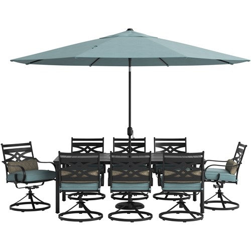 Hanover - Montclair 9pc: 8 Swivel Rockers, 42"x84" Dining Table, Umbrella, Base - Ocean Blue/Brown-United Backyard