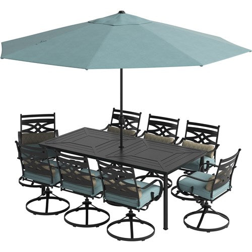 Hanover - Montclair 9pc: 8 Swivel Rockers, 42"x84" Dining Table, Umbrella, Base - Ocean Blue/Brown-United Backyard