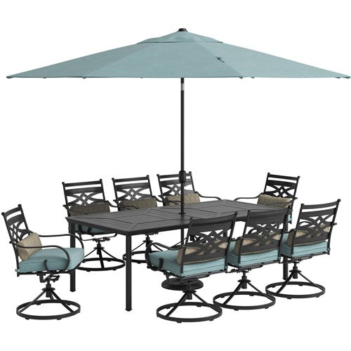 Hanover - Montclair 9pc: 8 Swivel Rockers, 42"x84" Dining Table, Umbrella, Base - Ocean Blue/Brown-United Backyard