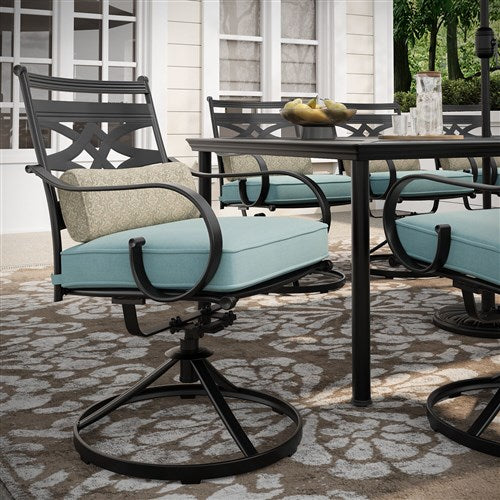 Hanover - Montclair 9pc: 8 Swivel Rockers, 42"x84" Dining Table, Umbrella, Base - Ocean Blue/Brown-United Backyard