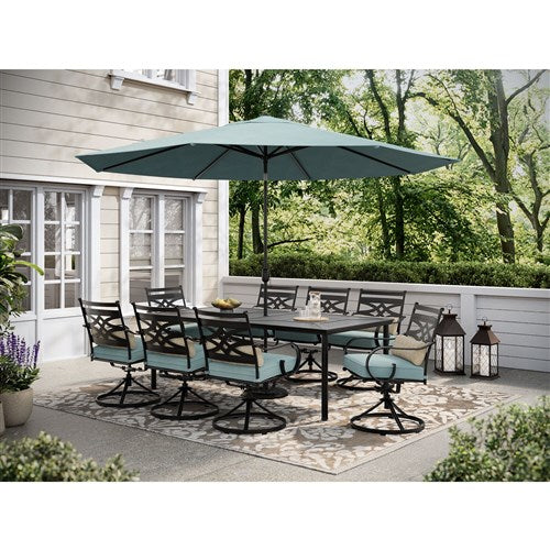 Hanover - Montclair 9pc: 8 Swivel Rockers, 42"x84" Dining Table, Umbrella, Base - Ocean Blue/Brown-United Backyard