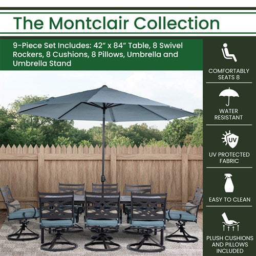 Hanover - Montclair 9pc: 8 Swivel Rockers, 42"x84" Dining Table, Umbrella, Base - Ocean Blue/Brown-United Backyard