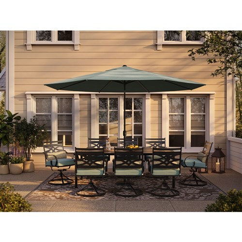 Hanover - Montclair 9pc: 8 Swivel Rockers, 42"x84" Dining Table, Umbrella, Base - Ocean Blue/Brown-United Backyard