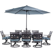 Hanover - Montclair 9pc: 8 Swivel Rockers, 42"x84" Dining Table, Umbrella, Base - Ocean Blue/Brown-United Backyard