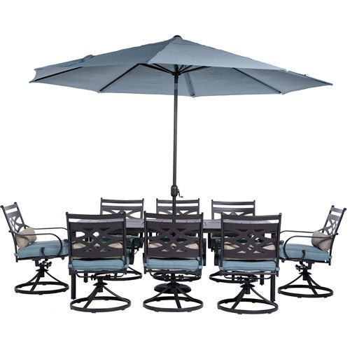 Hanover - Montclair 9pc: 8 Swivel Rockers, 42"x84" Dining Table, Umbrella, Base - Ocean Blue/Brown-United Backyard