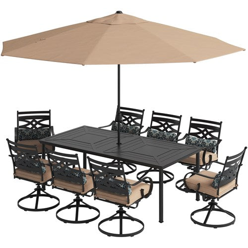 Hanover - Montclair 9pc: 8 Swivel Rockers, 42"x84" Dining Table, Umbrella, Base - Tan/Brown-United Backyard