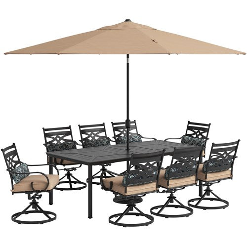 Hanover - Montclair 9pc: 8 Swivel Rockers, 42"x84" Dining Table, Umbrella, Base - Tan/Brown-United Backyard