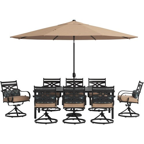 Hanover - Montclair 9pc: 8 Swivel Rockers, 42"x84" Dining Table, Umbrella, Base - Tan/Brown-United Backyard