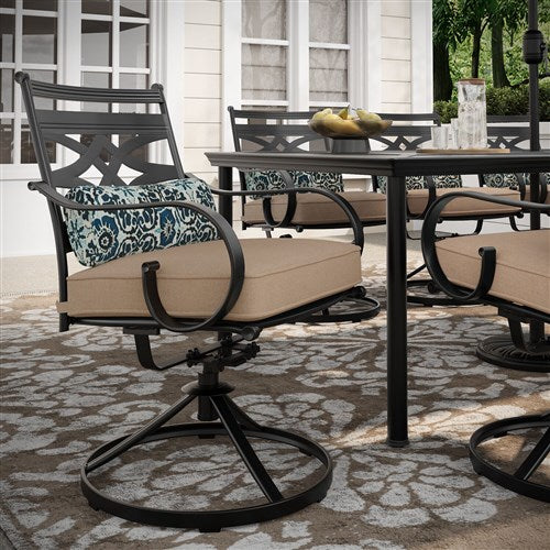 Hanover - Montclair 9pc: 8 Swivel Rockers, 42"x84" Dining Table, Umbrella, Base - Tan/Brown-United Backyard