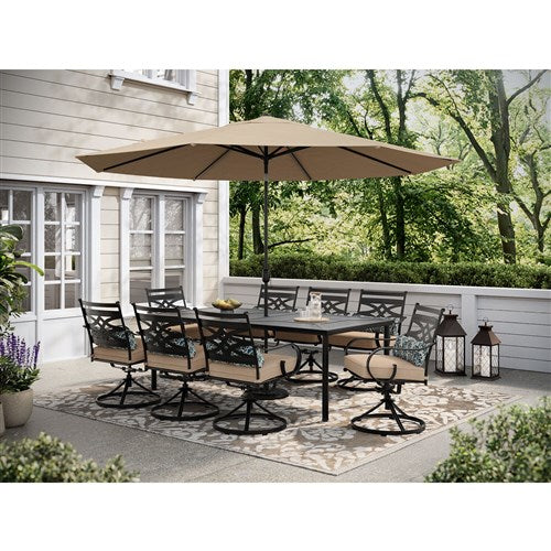 Hanover - Montclair 9pc: 8 Swivel Rockers, 42"x84" Dining Table, Umbrella, Base - Tan/Brown-United Backyard