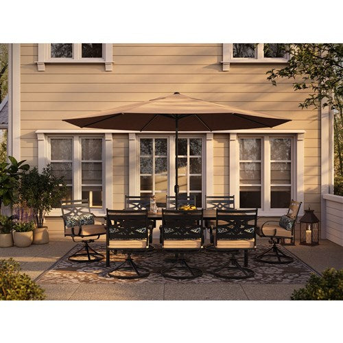 Hanover - Montclair 9pc: 8 Swivel Rockers, 42"x84" Dining Table, Umbrella, Base - Tan/Brown-United Backyard