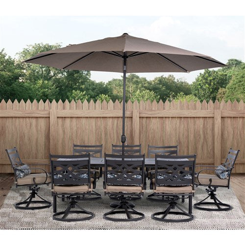 Hanover - Montclair 9pc: 8 Swivel Rockers, 42"x84" Dining Table, Umbrella, Base - Tan/Brown-United Backyard