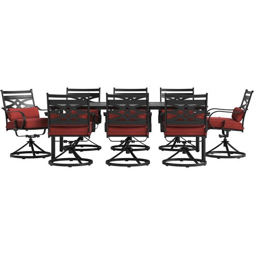 Hanover - Montclair 9pc: 8 Swivel Rockers, 42"x84" Rectangle Dining Table - Chili Red/Brown-United Backyard
