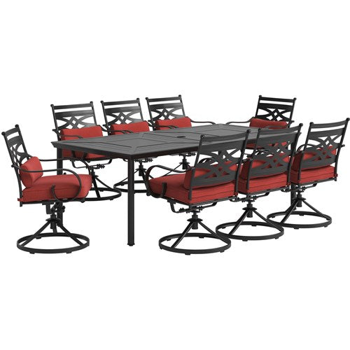 Hanover - Montclair 9pc: 8 Swivel Rockers, 42"x84" Rectangle Dining Table - Chili Red/Brown-United Backyard
