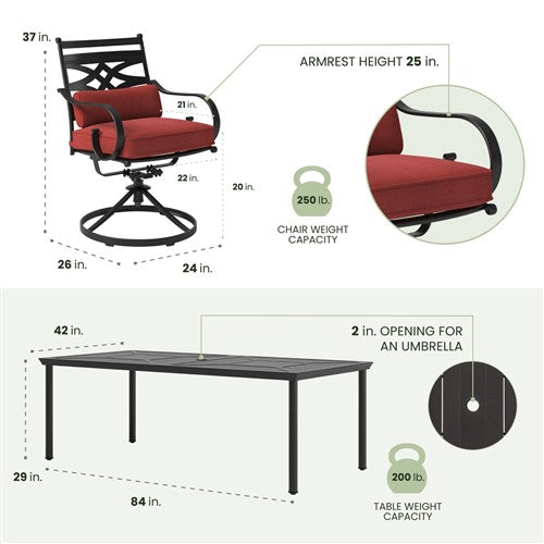 Hanover - Montclair 9pc: 8 Swivel Rockers, 42"x84" Rectangle Dining Table - Chili Red/Brown-United Backyard