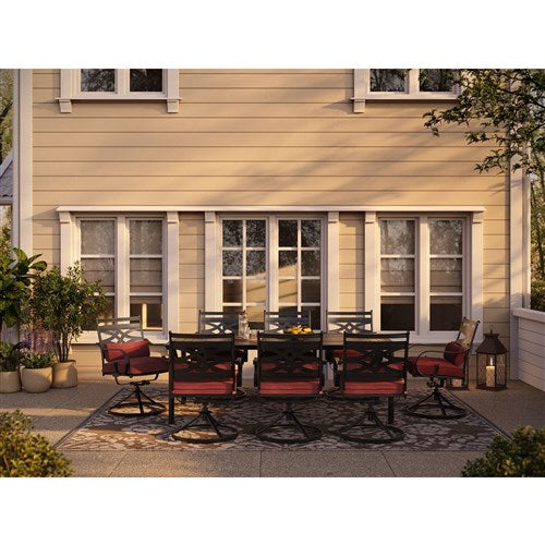 Hanover - Montclair 9pc: 8 Swivel Rockers, 42"x84" Rectangle Dining Table - Chili Red/Brown-United Backyard