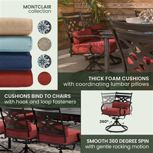 Hanover - Montclair 9pc: 8 Swivel Rockers, 42"x84" Rectangle Dining Table - Chili Red/Brown-United Backyard