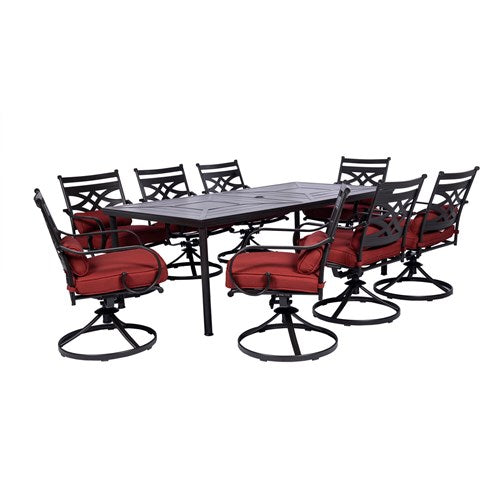 Hanover - Montclair 9pc: 8 Swivel Rockers, 42"x84" Rectangle Dining Table - Chili Red/Brown-United Backyard