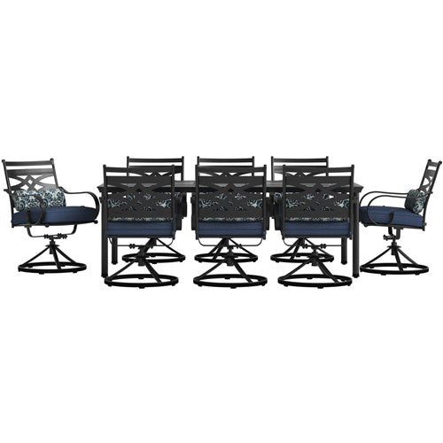 Hanover - Montclair 9pc: 8 Swivel Rockers, 42"x84" Rectangle Dining Table - Navy/Brown-United Backyard