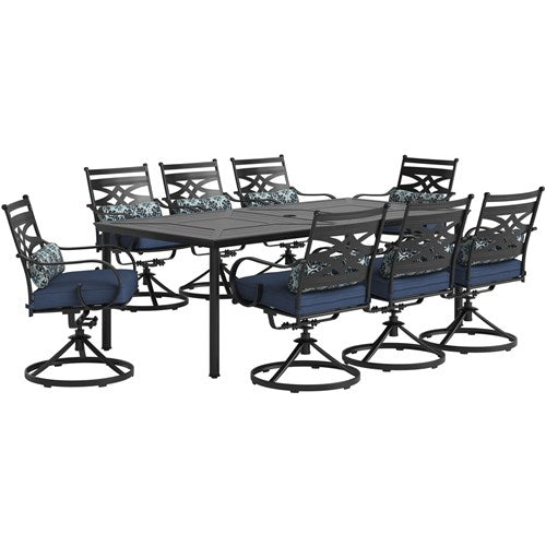 Hanover - Montclair 9pc: 8 Swivel Rockers, 42"x84" Rectangle Dining Table - Navy/Brown-United Backyard