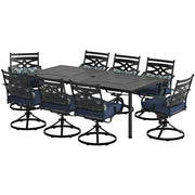 Hanover - Montclair 9pc: 8 Swivel Rockers, 42"x84" Rectangle Dining Table - Navy/Brown-United Backyard