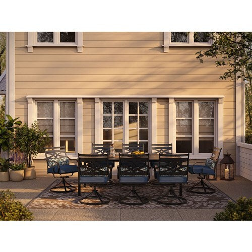 Hanover - Montclair 9pc: 8 Swivel Rockers, 42"x84" Rectangle Dining Table - Navy/Brown-United Backyard