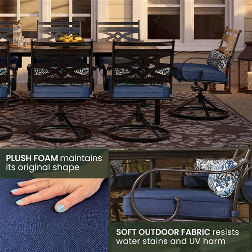 Hanover - Montclair 9pc: 8 Swivel Rockers, 42"x84" Rectangle Dining Table - Navy/Brown-United Backyard