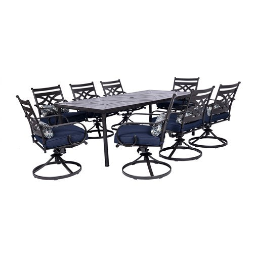 Hanover - Montclair 9pc: 8 Swivel Rockers, 42"x84" Rectangle Dining Table - Navy/Brown-United Backyard