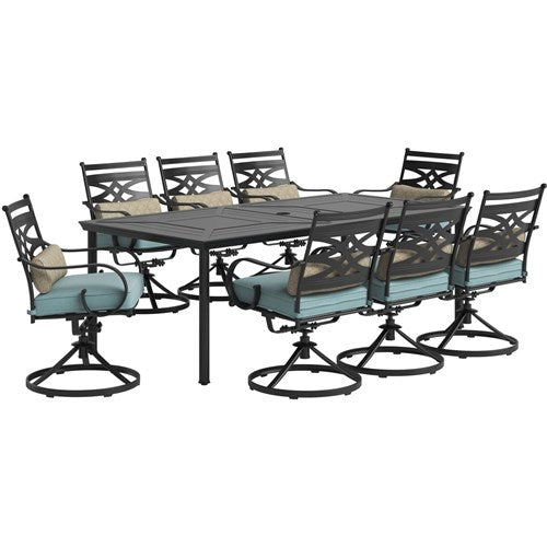 Hanover - Montclair 9pc: 8 Swivel Rockers, 42"x84" Rectangle Dining Table - Ocean Blue/Brown-United Backyard