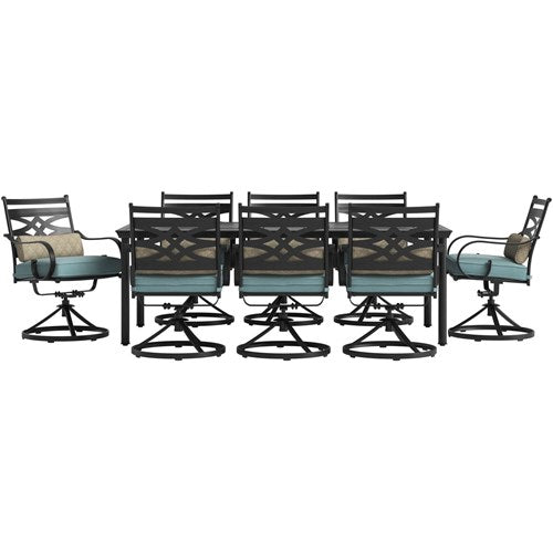 Hanover - Montclair 9pc: 8 Swivel Rockers, 42"x84" Rectangle Dining Table - Ocean Blue/Brown-United Backyard