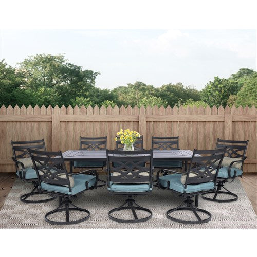 Hanover - Montclair 9pc: 8 Swivel Rockers, 42"x84" Rectangle Dining Table - Ocean Blue/Brown-United Backyard