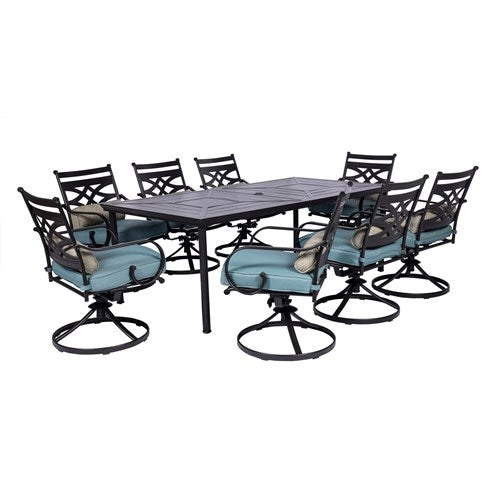 Hanover - Montclair 9pc: 8 Swivel Rockers, 42"x84" Rectangle Dining Table - Ocean Blue/Brown-United Backyard