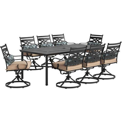 Hanover - Montclair 9pc: 8 Swivel Rockers, 42"x84" Rectangle Dining Table - Tan/Brown-United Backyard