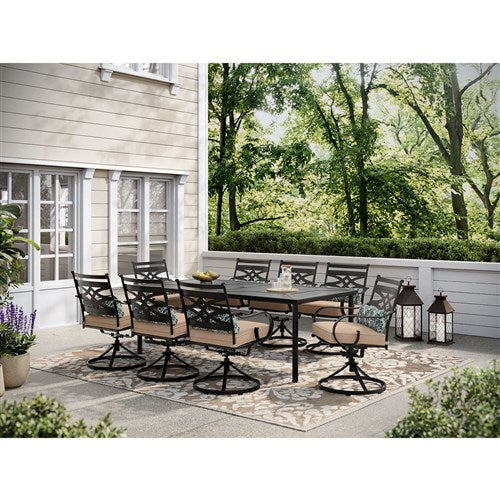 Hanover - Montclair 9pc: 8 Swivel Rockers, 42"x84" Rectangle Dining Table - Tan/Brown-United Backyard