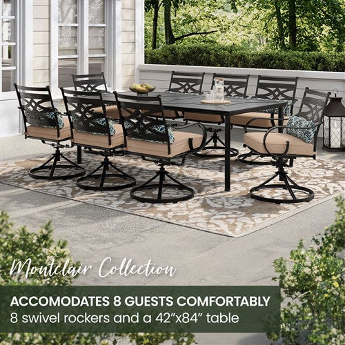 Hanover - Montclair 9pc: 8 Swivel Rockers, 42"x84" Rectangle Dining Table - Tan/Brown-United Backyard