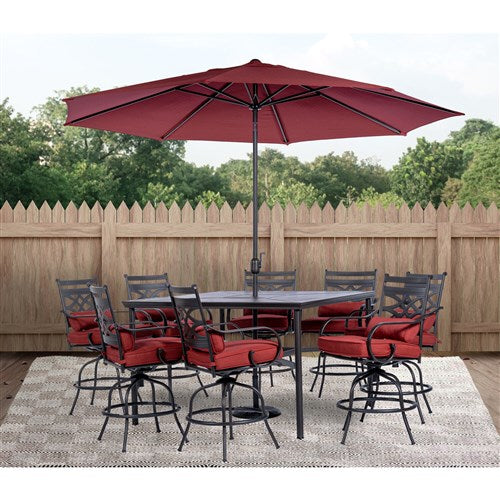 Hanover - Montclair 9pc High Dining: 8 Swivel Chairs, 60" High Table, Umbrella & Base - Chili Red/Brown-United Backyard