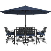 Hanover - Montclair 9pc High Dining: 8 Swivel Chairs, 60" High Table, Umbrella & Base - Navy/Brown-United Backyard