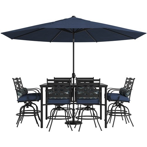 Hanover - Montclair 9pc High Dining: 8 Swivel Chairs, 60" High Table, Umbrella & Base - Navy/Brown-United Backyard