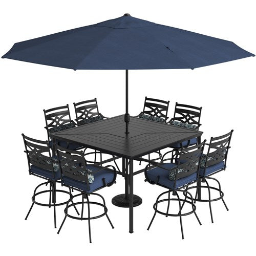 Hanover - Montclair 9pc High Dining: 8 Swivel Chairs, 60" High Table, Umbrella & Base - Navy/Brown-United Backyard