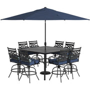Hanover - Montclair 9pc High Dining: 8 Swivel Chairs, 60" High Table, Umbrella & Base - Navy/Brown-United Backyard