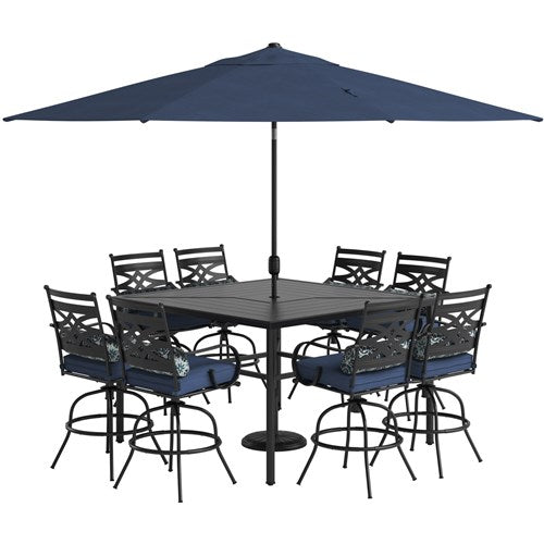 Hanover - Montclair 9pc High Dining: 8 Swivel Chairs, 60" High Table, Umbrella & Base - Navy/Brown-United Backyard